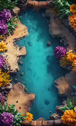 a painting of a river with flowers surrounding it