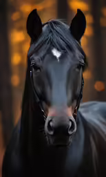 a horse looks into the camera with a string of lights in the background