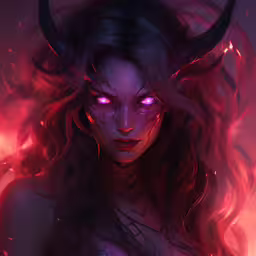 there is a drawing of a female demon in dark colors,the demonish girl is wearing pink eyes