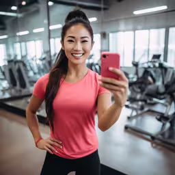 a female in pink shirt holding a pink cell phone,a woman takes a photo in a gym with her phone