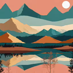 the mountains are reflected in water in this illustration,a large painting of mountains near the water