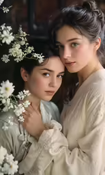 two women dressed in vintage dresses with a white bouquet