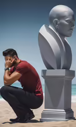 a man is sitting down and making contact with his phone near a statue