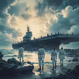 four people walking along the beach in front of the uss