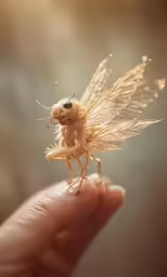 tiny bug, flying in the air with its legs spread