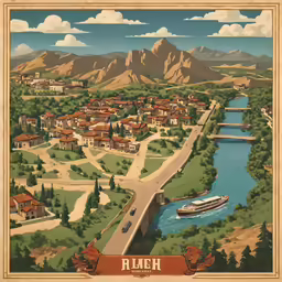 an art print of a vintage village and town from the sixties
