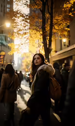 a woman is looking into the distance as people walk down a city sidewalk