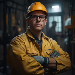 a man standing with his arms crossed wearing a hard hat