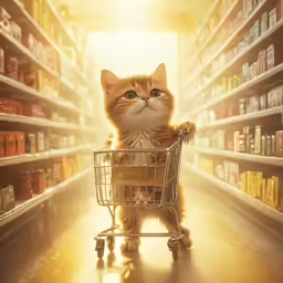 a cat is pushing a shopping cart through a library
