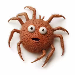 the face and eyes of a toy spider
