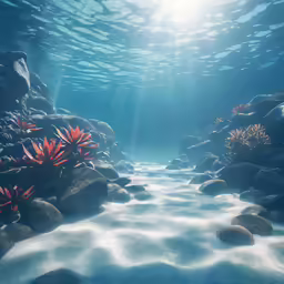 underwater view of a pool with rock, seaweed and bubbles