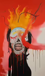 a painting on a white and red wall with a burning skull