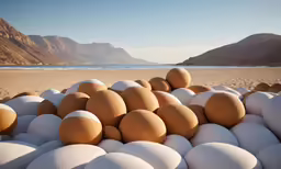 eggs stacked on each other in front of some mountains