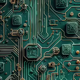 a computer circuit board has a clock face in center