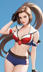 a woman in a red and blue costume is standing