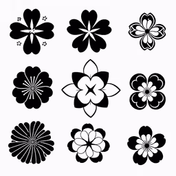 several flowers that are black and white,eight flower designs in black and white
