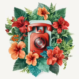 an old red camera with flowers and leaves surrounding it