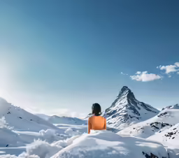 a person on a hill with snow and mountains