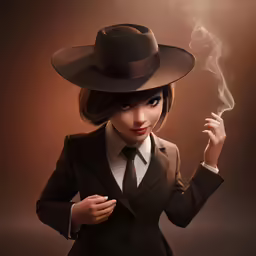 a woman dressed in black smoking and holding a brown hat