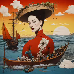 a painting of a woman on a boat in the water,the painting depicts a woman with a large hat and a boat in the background