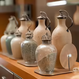 small decorative vases with sand inside are lined up