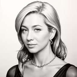 a black and white photo of a beautiful blonde woman wearing a black top