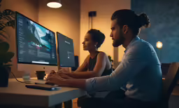 two people at a computer monitor