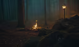 a lantern lit up in the dark woods with a fire pit