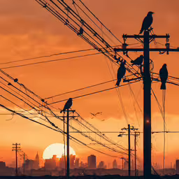 a few birds are perched on power lines,birds sitting on electric poles against a colorful sunset