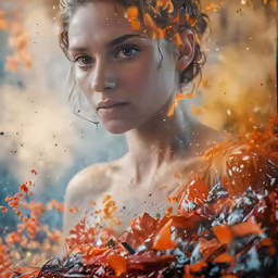 a woman is surrounded by orange, yellow and grey water