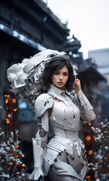 a woman in leather and armor posing outside