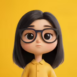 a close up of a doll with big eyes wearing a yellow shirt