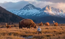people walking in front of some big brown animals