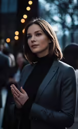 a woman with her hands together standing outside