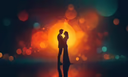 a man and a woman are holding each other with a sunset in the background
