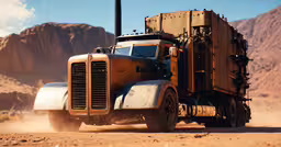 an image of an old truck driving in the desert,a large truck driving on top of a dirt road
