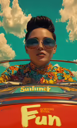a woman wearing sunglasses standing in front of a red car