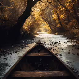 a photo of a canoe on a shallow river with trees in the background