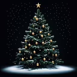 a christmas tree lit up in the dark with golden balls and lights