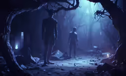 the man is walking alone in the dark woods
