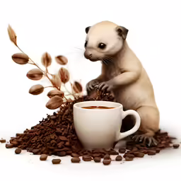 a small animal drinks from a coffee cup