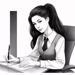 the woman in the black tie is writing on her notebook