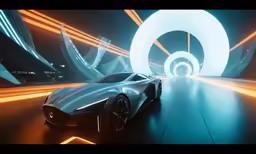 an all white car is driving through some futuristic structures