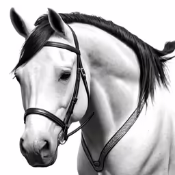 a white horse with brown reins, facing the right