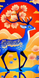an abstract painting depicting the zodiac symbol, an antelope with flowers around its body and two blue birds sitting on it