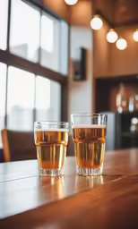 two glasses of light colored beverage sit on top of a bar