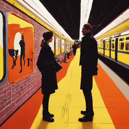 two people stand in a brightly colored subway station,a couple of people standing on a train platform