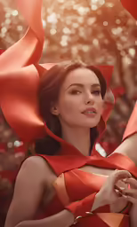 a woman in a dress holding up a red balloon