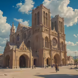 a man is riding his bike past a large building