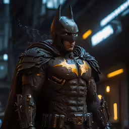 batman costume standing in front of a building with bat